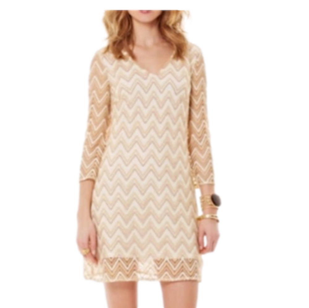 Lilly Pulitzer Dress S Small Gold Stretch 3/4 Sleeve Shift Party Cruise Holiday